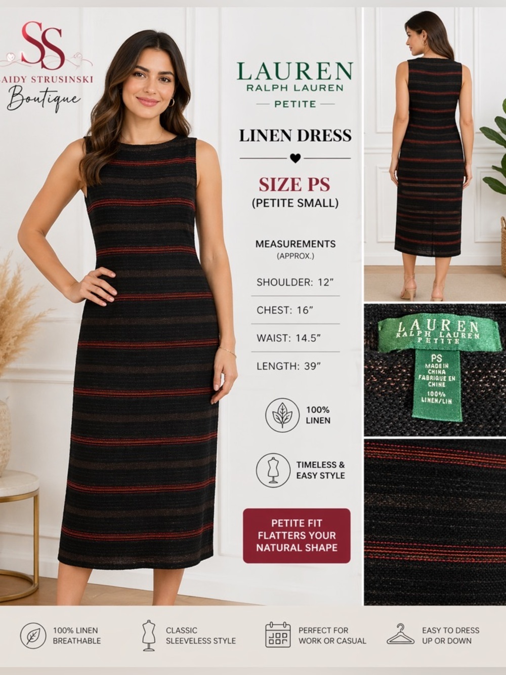 Lauren Ralph Lauren Petite 100% Linen Dress PS Black Red Striped Sleeveless Midi